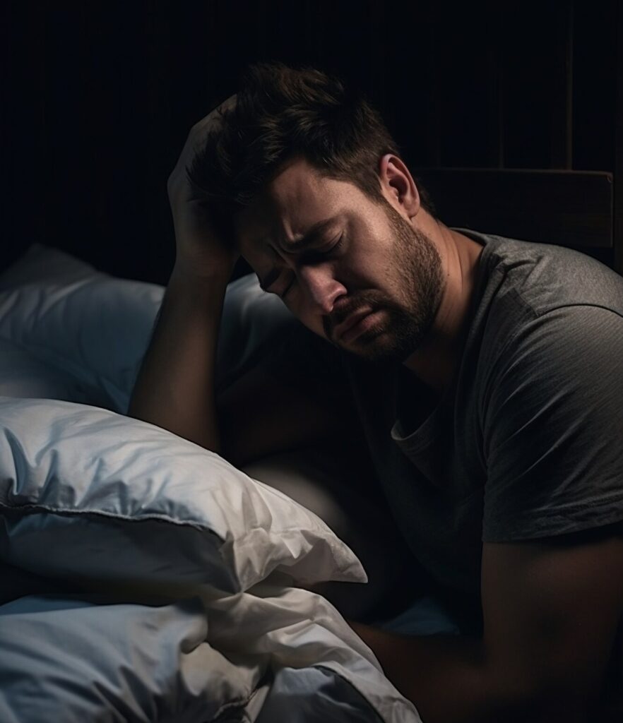 Man sitting amongst pillows looking sad